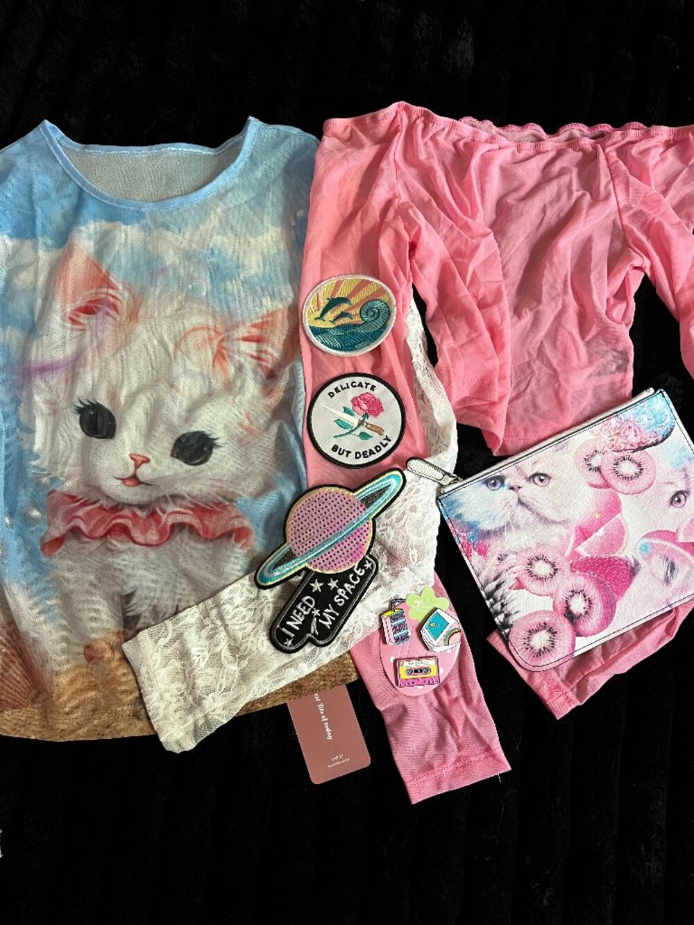 CUTIE KITTY BUNDLE | 2 tops, 3 patches, 3 pins, clutch bag